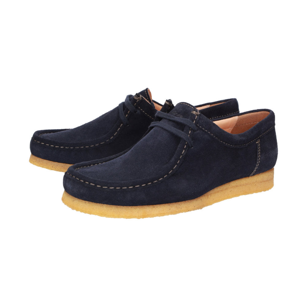 Side view of pair of Tils Grashopper navy calf suede barefoot loafer/ mocassin for men