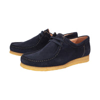 Side view of pair of Tils Grashopper navy calf suede barefoot loafer/ mocassin for men