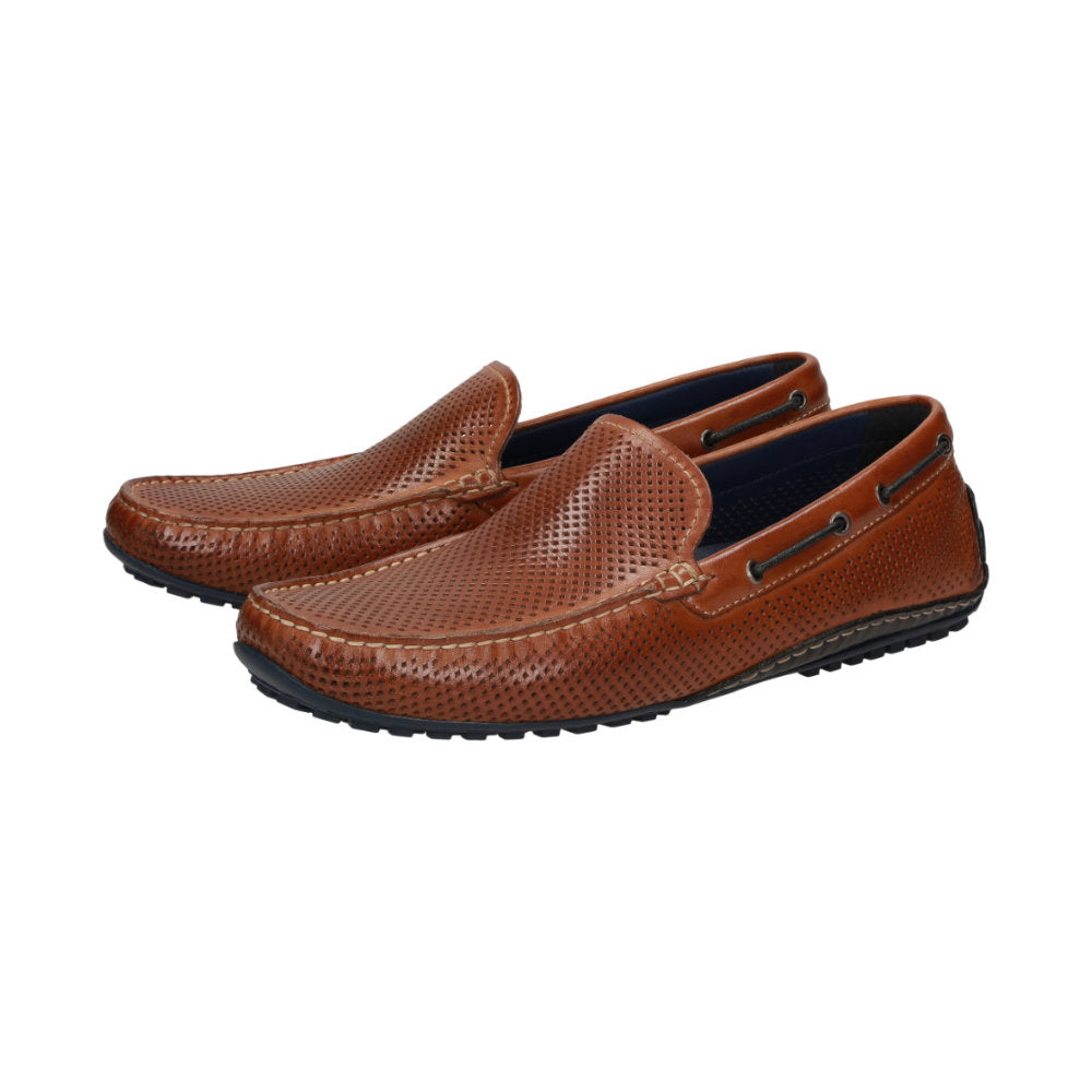 Side view of a pair of Carulio brown perforated nappa calfskin driving moccasin for men featuring pedal-gripping sole curved up at the heel ideal for car drivers