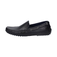 Side view of Carulio navy perforated calf leather driving moccasin for men featuring black pedal-gripping sole curved up at the heel ideal for car drivers