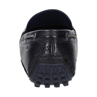 Detailed back view of navy perforated calf leather Carulio moccasin for men showing distinctive design and pedal-gripping sole curve at the heel ideal for car drivers