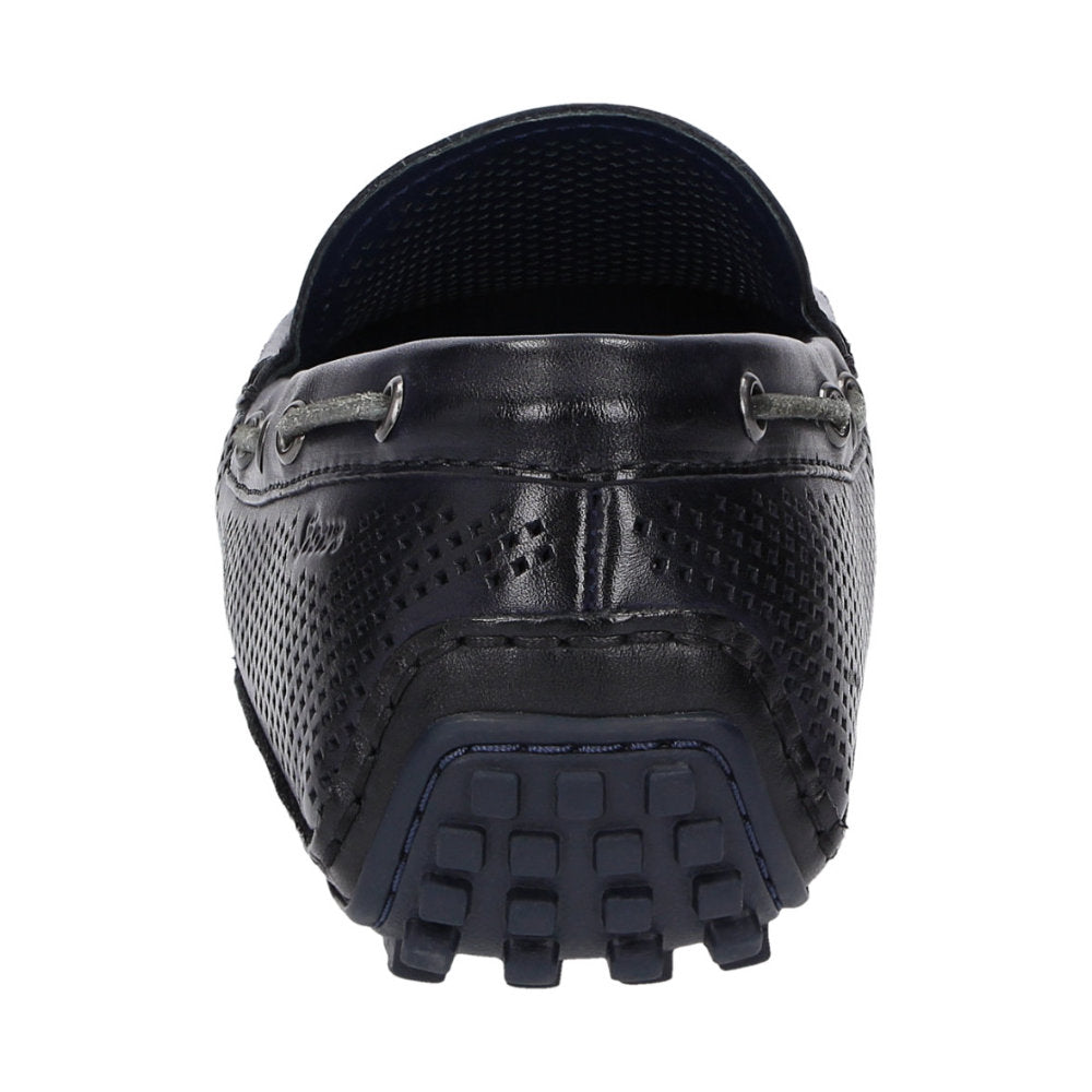 Detailed back view of navy perforated calf leather Carulio moccasin for men showing distinctive design and pedal-gripping sole curve at the heel ideal for car drivers