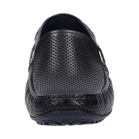 Detailed front view of navy perforated calf leather Carulio moccasin for men showing detail and pedal-gripping sole curve at the heel ideal for car drivers