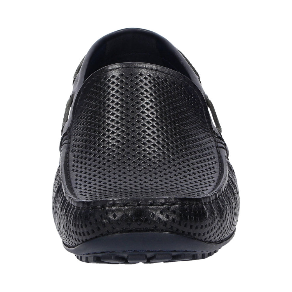 Detailed front view of navy perforated calf leather Carulio moccasin for men showing detail and pedal-gripping sole curve at the heel ideal for car drivers