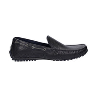 Inside view of Carulio navy perforated calf leather driving moccasin for men featuring black pedal-gripping sole curved up at the heel ideal for car drivers