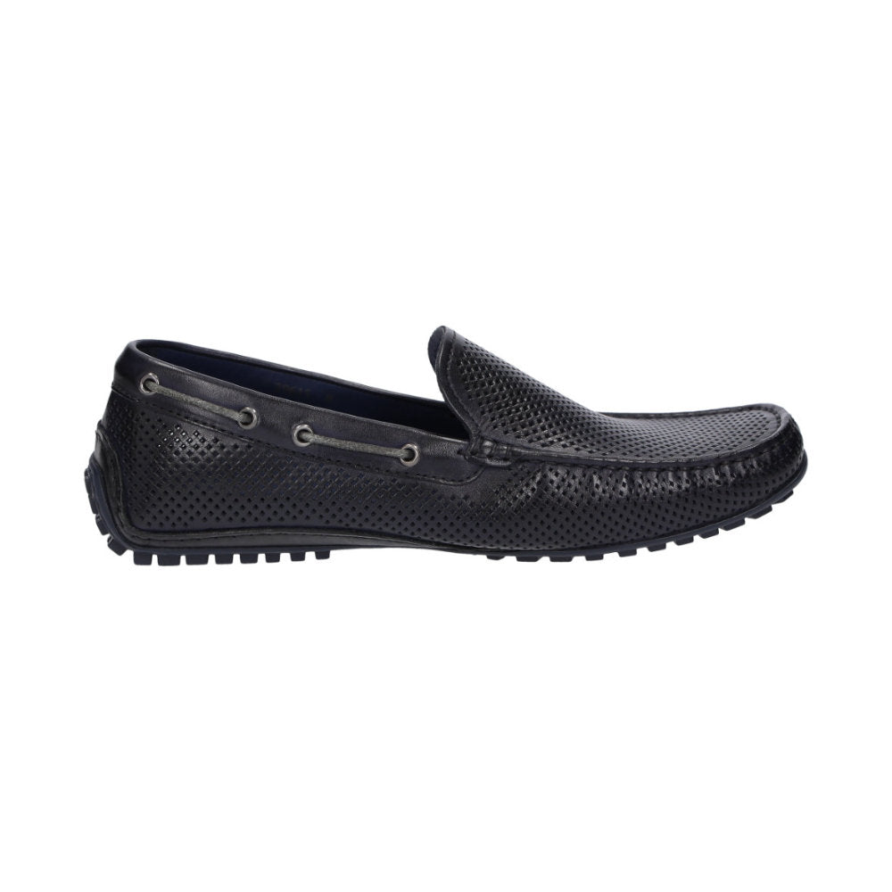 Inside view of Carulio navy perforated calf leather driving moccasin for men featuring black pedal-gripping sole curved up at the heel ideal for car drivers