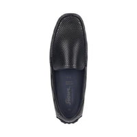 Topdown view of Carulio navy perforated calf leather driving moccasin for men featuring leather lining and cushioned insole
