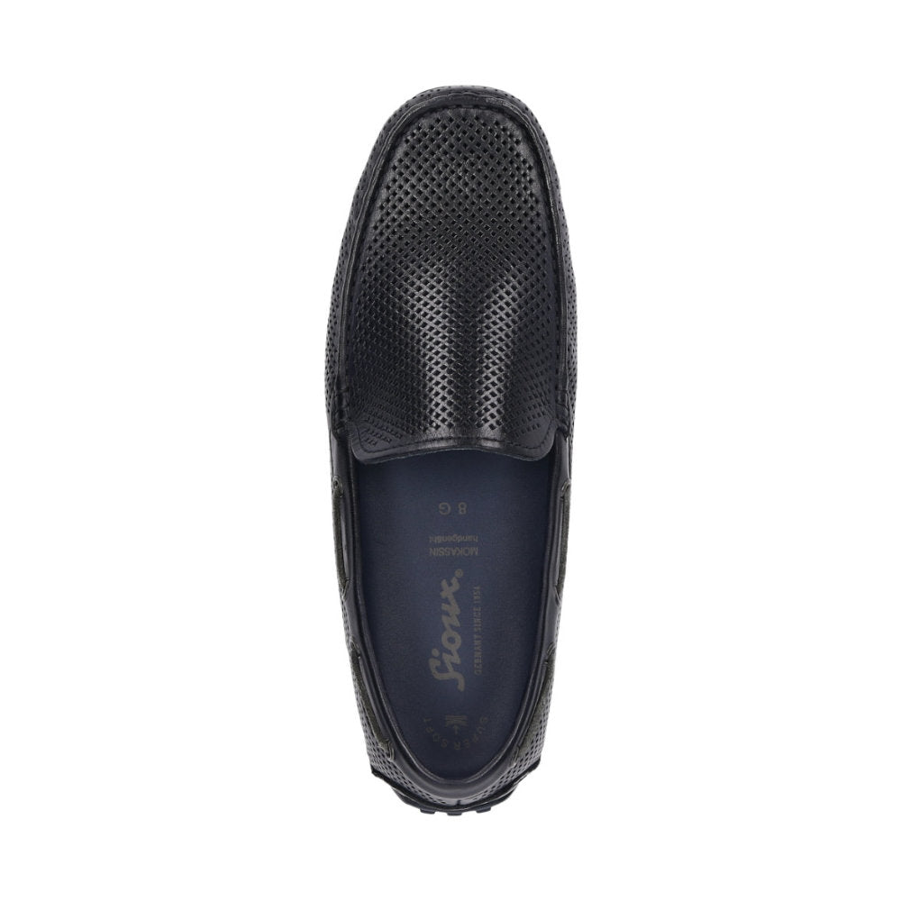 Topdown view of Carulio navy perforated calf leather driving moccasin for men featuring leather lining and cushioned insole
