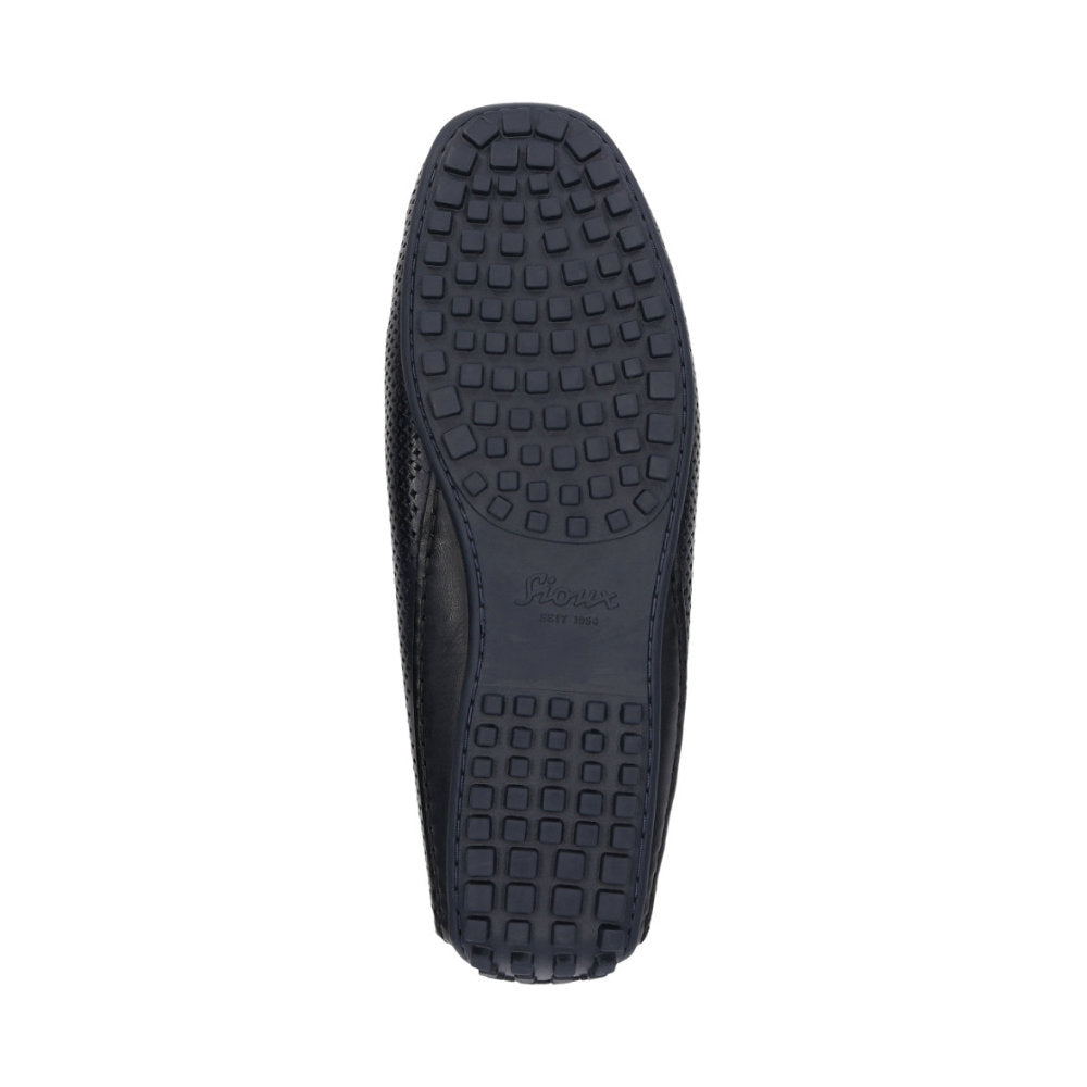 Detail of Carulio navy perforated calf leather moccasin pedal-gripping sole