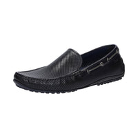 Side view of Carulio navy perforated calf leather driving moccasin for men featuring black pedal-gripping sole curved up at the heel ideal for car drivers