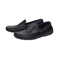Side view of a pair of Carulio navy perforated calf leather driving moccasin for men featuring black pedal-gripping sole curved up at the heel ideal for car drivers