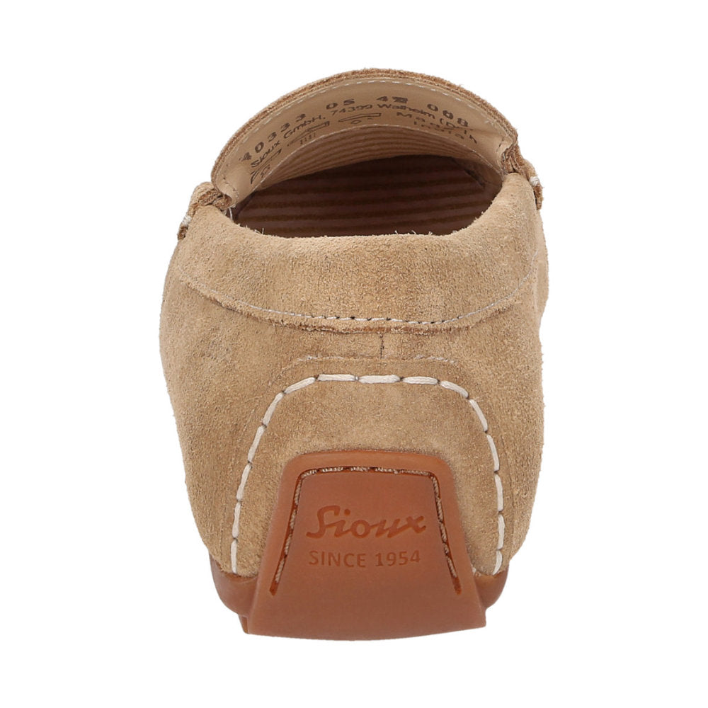 Side profile of brown Carmona moccasin showing penny-loafer trim