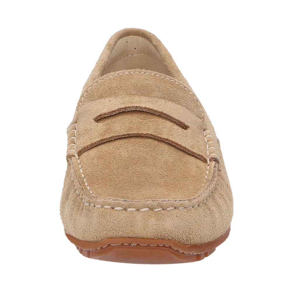 Front view of Carmona women's penny loafer / moccasin in brown calf suede with detail of quality craftsmanship
