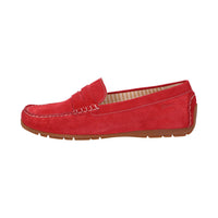 Side view of Carmona women's penny loafer/ moccasin in red calf suede