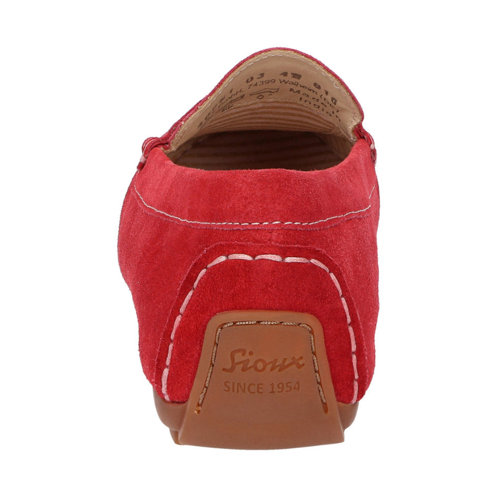 Back view of Carmona women's penny loafer / moccasin in red calf suede highlighting sole detail and Sioux brand