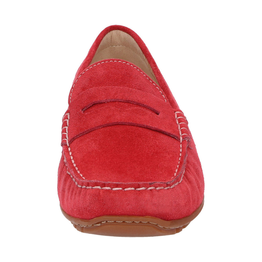 Front view of Carmona women's penny loafer / moccasin in red calf suede with detail of quality craftsmanship