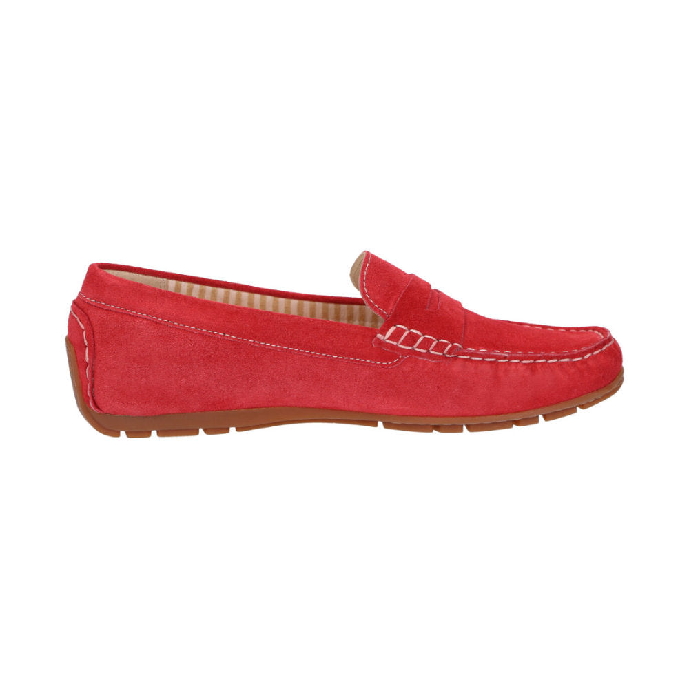 Inside view of Carmona women's penny loafer / moccasin in red calf suede with detail of quality craftsmanship