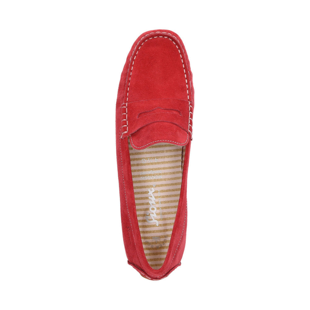 Top-down view of Carmona women's penny loafer / moccasin in red calf suede highlighting soft, padded insole that can be replaced with a bespoke one