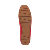 View from the bottom of the Carmona women's penny loafer / moccasin in red calf suede highlighting it's flat and soft rubber sole, which curves up at the heel, making it ideal for driving