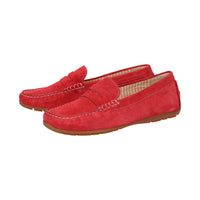 Side view of a pair of Carmona women's penny loafer / moccasin in red calf suede