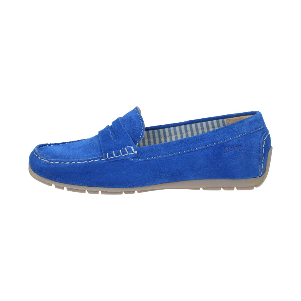 Side view of Carmona women's penny loafer/ moccasin in electric blue calf suede