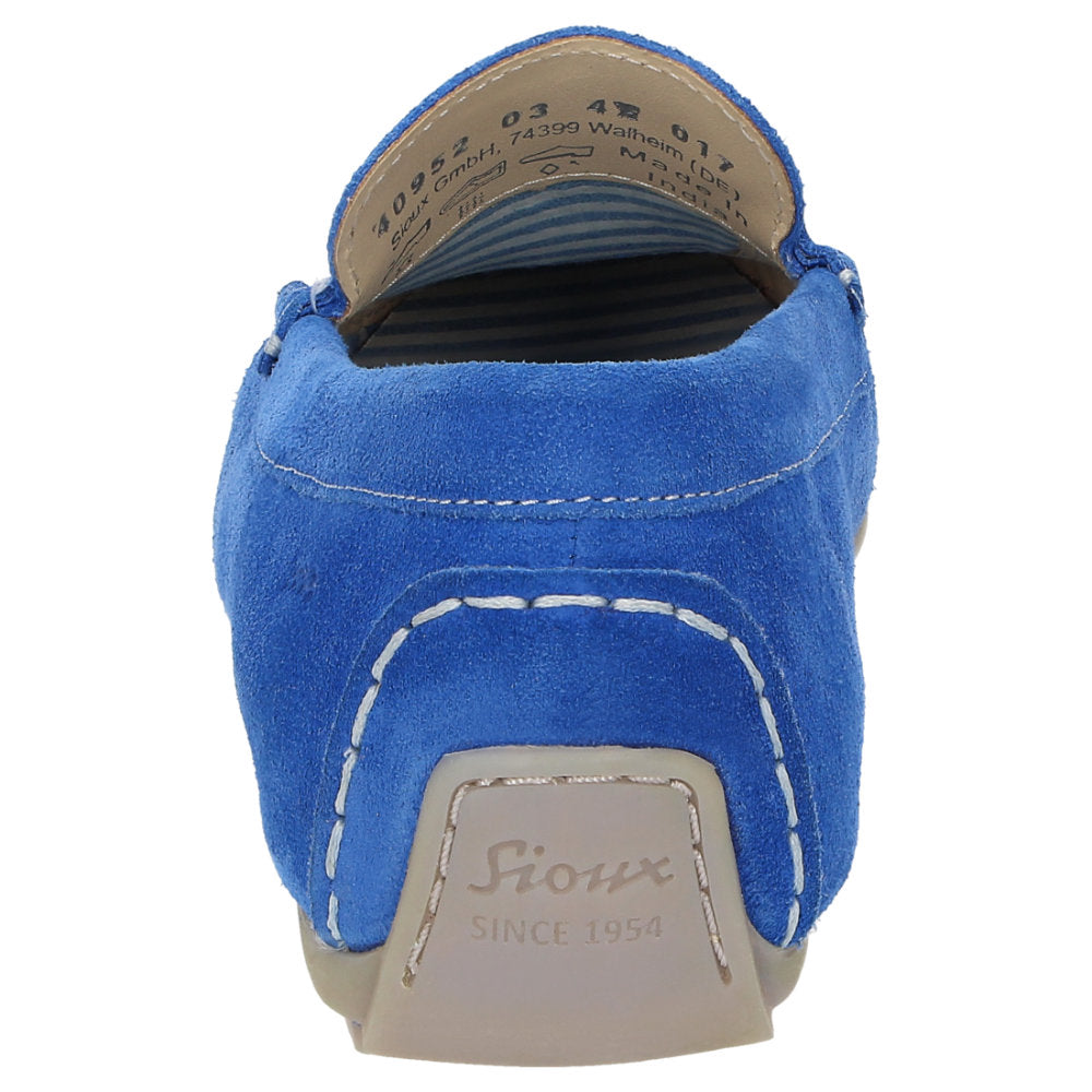 Back view of Carmona women's penny loafer / moccasin in electric blue calf suede highlighting sole detail and Sioux brand