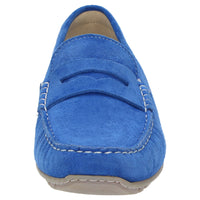 Front view of Carmona women's penny loafer / moccasin in electric blue calf suede with detail of quality craftsmanship