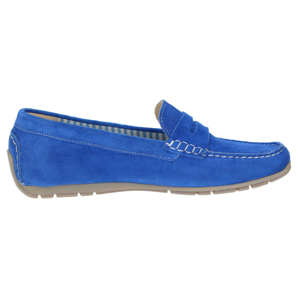 Inside view of Carmona women's penny loafer / moccasin in electric blue calf suede with detail of quality craftsmanship