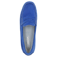 Top-down view of Carmona women's penny loafer / moccasin in electric blue calf suede highlighting soft, padded insole that can be replaced with a bespoke one