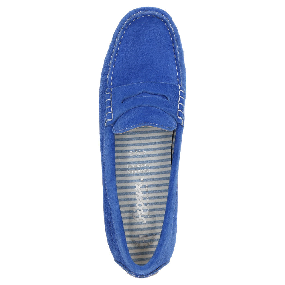 Top-down view of Carmona women's penny loafer / moccasin in electric blue calf suede highlighting soft, padded insole that can be replaced with a bespoke one