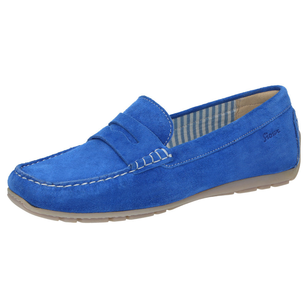 Side view of Carmona women's penny loafer / moccasin in electric blue calf suede with detail of quality craftsmanship