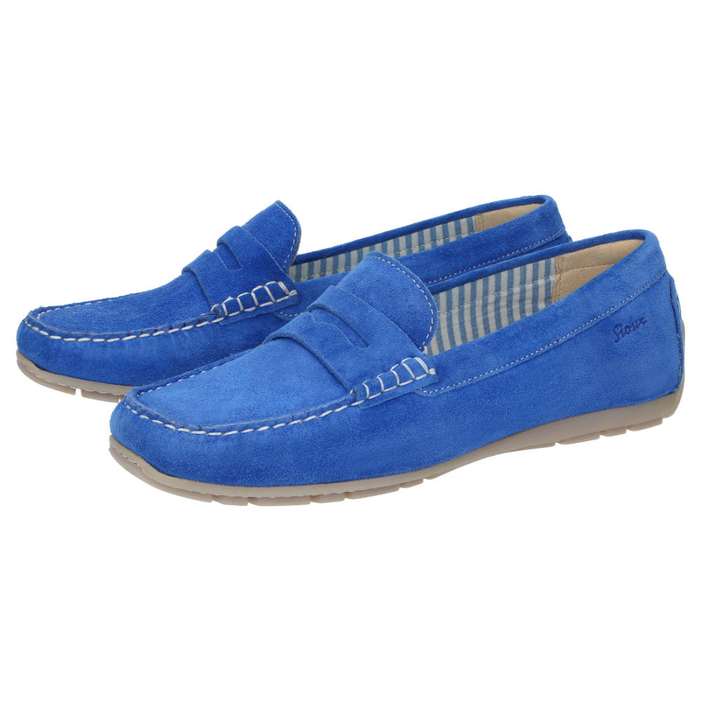 Side view of a pair of Carmona women's penny loafer / moccasin in electric blue calf suede