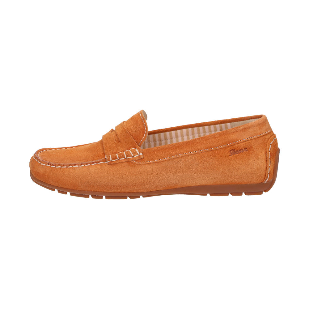 Side view of Carmona women's penny loafer/ moccasin in orange calf suede
