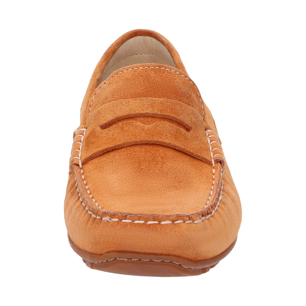Back view of Carmona women's penny loafer / moccasin in orange calf suede highlighting sole detail and Sioux brand