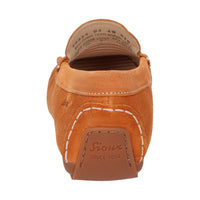 Front view of Carmona women's penny loafer / moccasin in orange calf suede with detail of quality craftsmanship