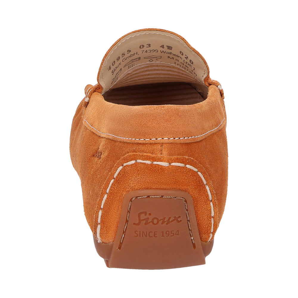 Front view of Carmona women's penny loafer / moccasin in orange calf suede with detail of quality craftsmanship