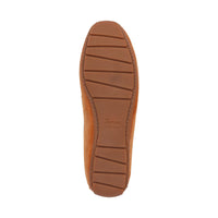 View from the bottom of the Carmona women's penny loafer / moccasin in orange calf suede highlighting it's flat and soft rubber sole, which curves up at the heel, making it ideal for driving