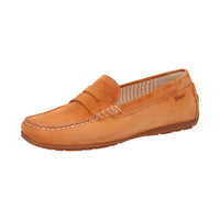 Side view of Carmona women's penny loafer / moccasin in orange calf suede with detail of quality craftsmanship