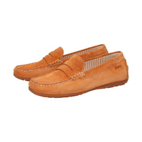 Side view of a pair of Carmona women's penny loafer / moccasin in orange calf suede