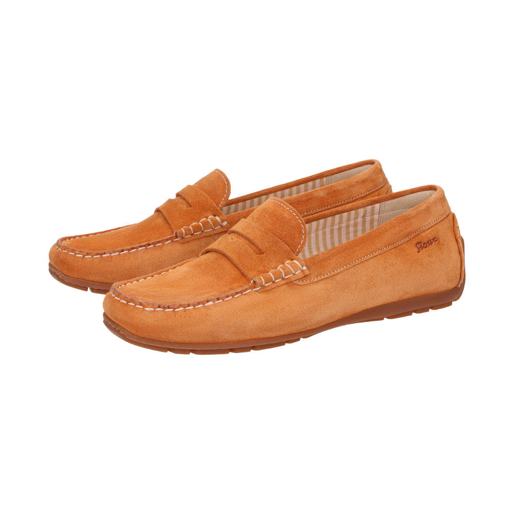 Side view of a pair of Carmona women's penny loafer / moccasin in orange calf suede