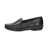 Black Cortizia women's loafer shoe on a white background showing metal snaffle trim, rubber black sole and Nappa