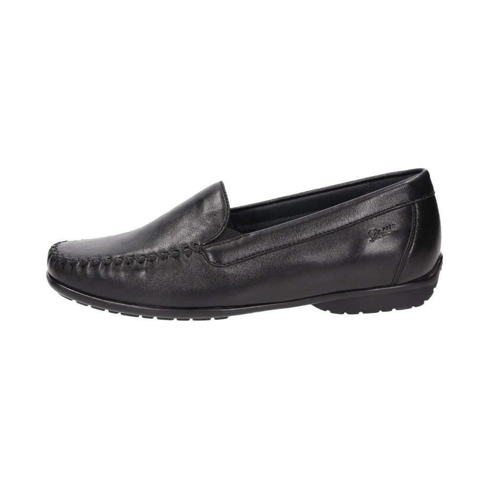 Black Cortizia women's loafer shoe on a white background showing metal snaffle trim, rubber black sole and Nappa