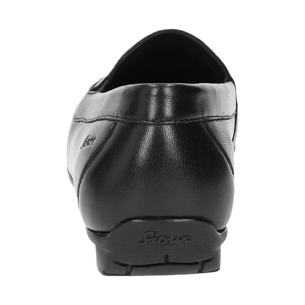 Front close-up view of Black Cortizia women's loafer shoe on a white background showing metal snaffle trim and Nappa