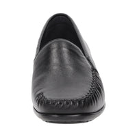 Inside view of Black Cortizia women's loafer shoe on a white background showing metal snaffle trim, rubber black sole and Nappa