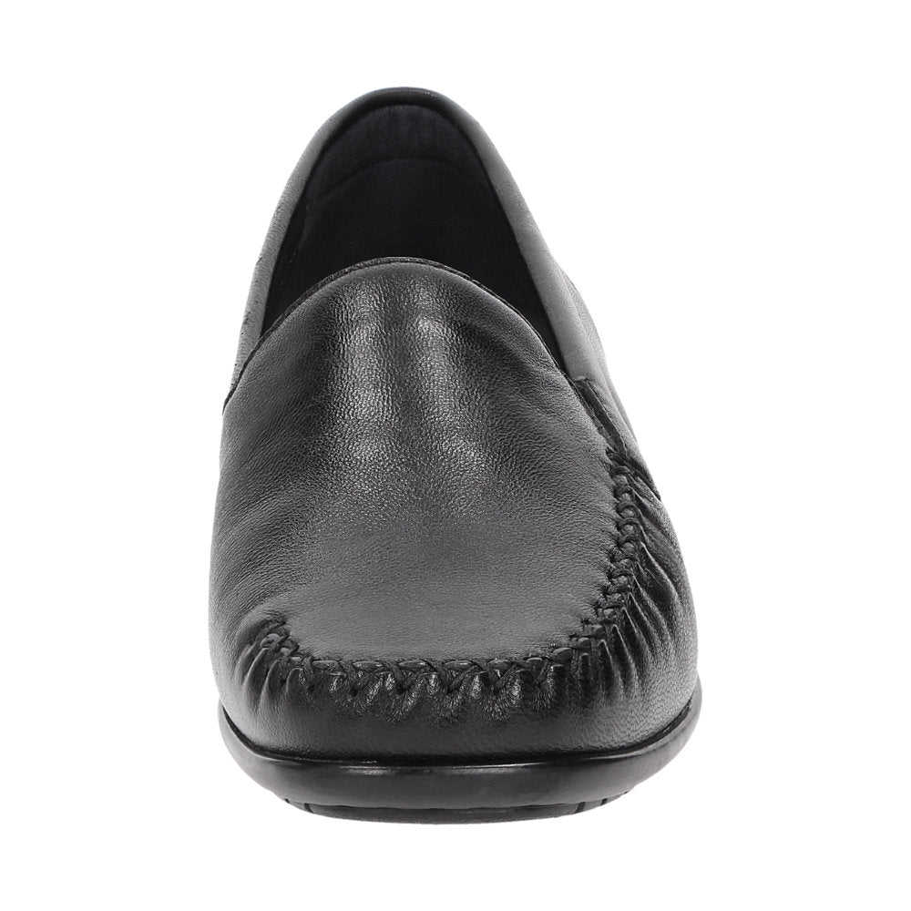 Inside view of Black Cortizia women's loafer shoe on a white background showing metal snaffle trim, rubber black sole and Nappa