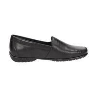 Top-down view of Black Cortizia women's loafer shoe on a white background showing metal snaffle trim, rubber black sole and Nappa