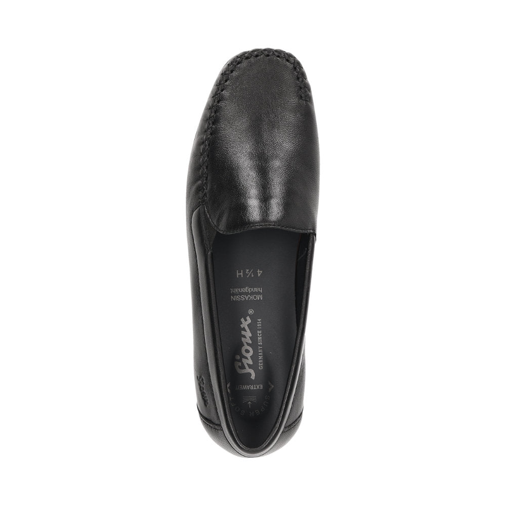 Bottom view of Black Cortizia women's loafer shoe on a white background showing high grip rubber black sole