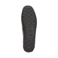 Outside view of Black Cortizia women's loafer shoe on a white background showing metal snaffle trim, rubber black sole and Nappa