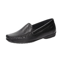 Pair of Black Cortizia women's loafer shoe on a white background showing metal snaffle trim, rubber black sole and Nappa