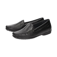 Back view of Black Cortizia women's loafer shoe on a white background showing Sioux brand on black rubber sole and Nappa